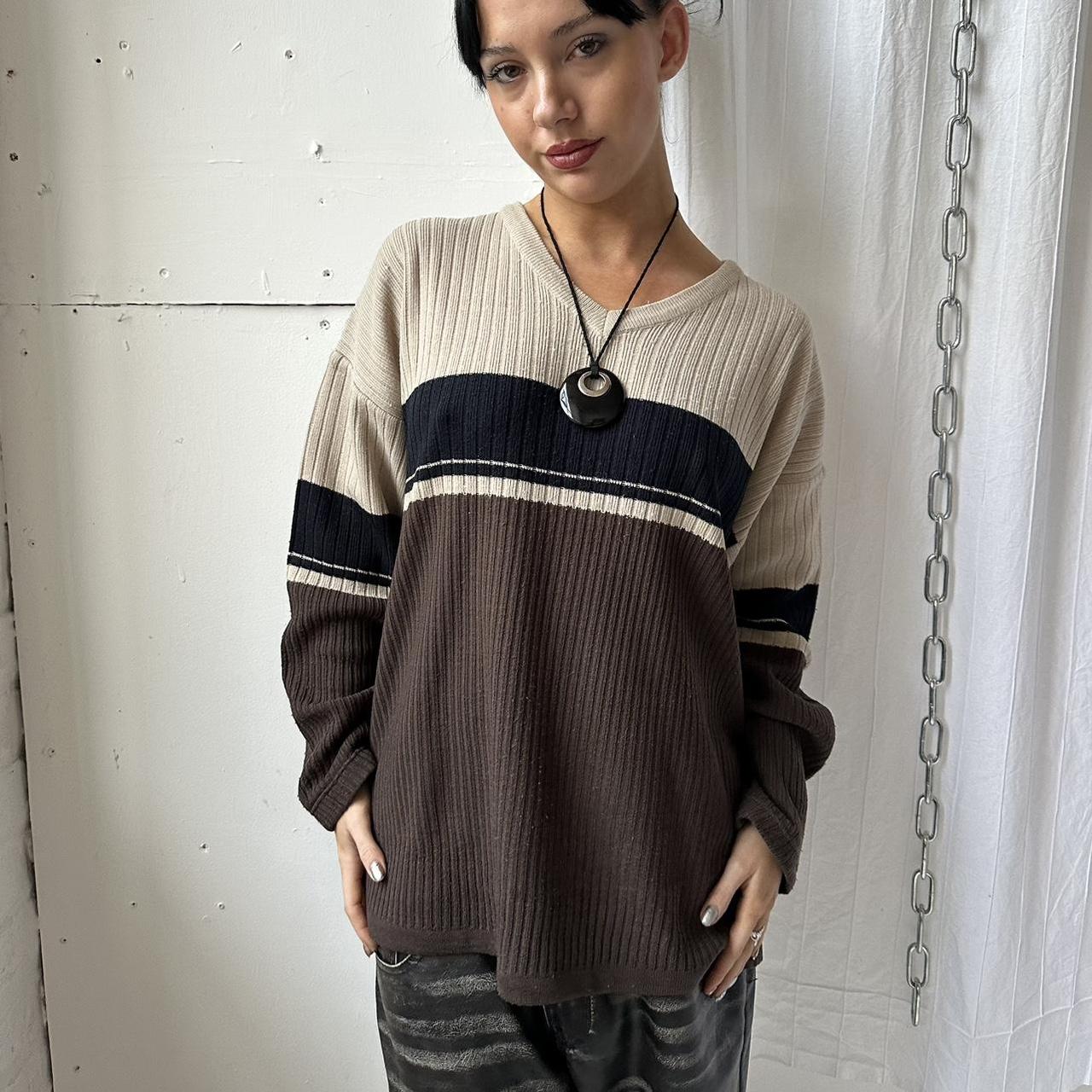 vintage 90s ribbed knit jumper, colour block and... - Depop