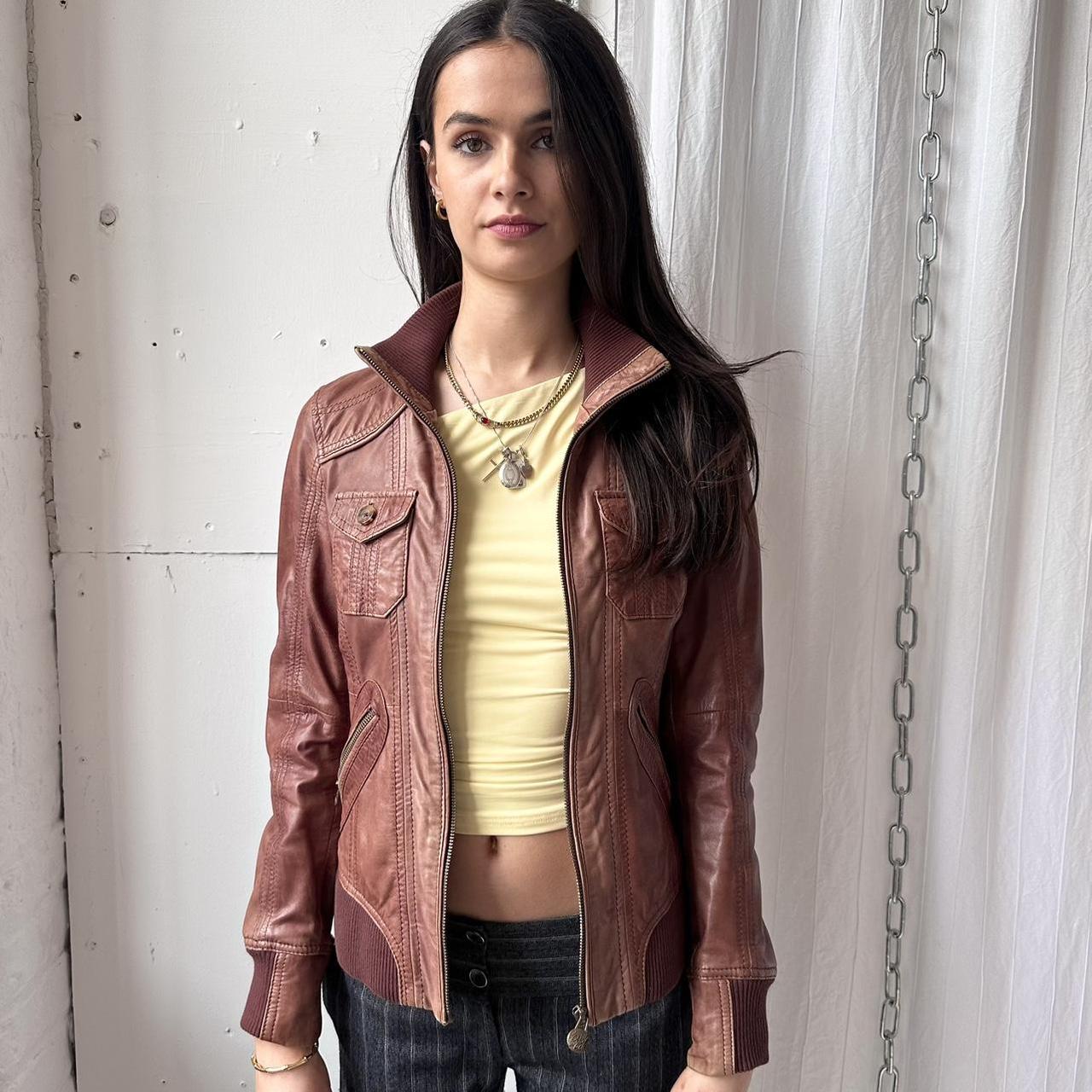 マイコ✨ leather jacket a-2 brown y2k y2k grunge moto biker jacket in brown, made by | Depop