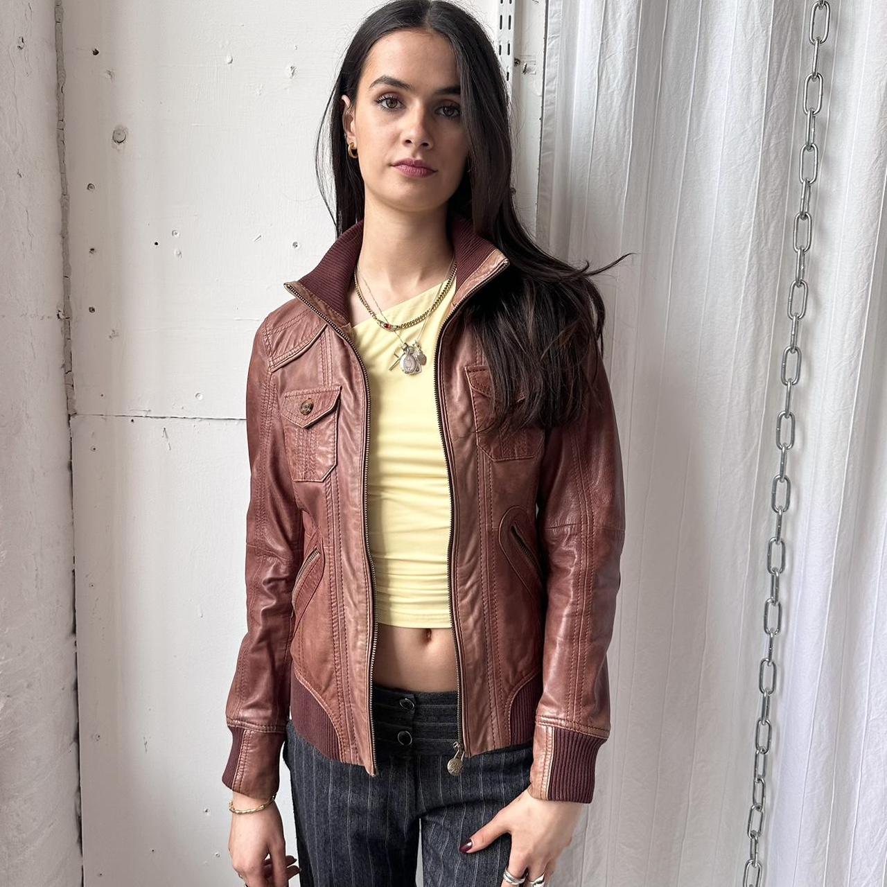 マイコ✨ leather jacket a-2 brown y2k y2k grunge moto biker jacket in brown, made by | Depop
