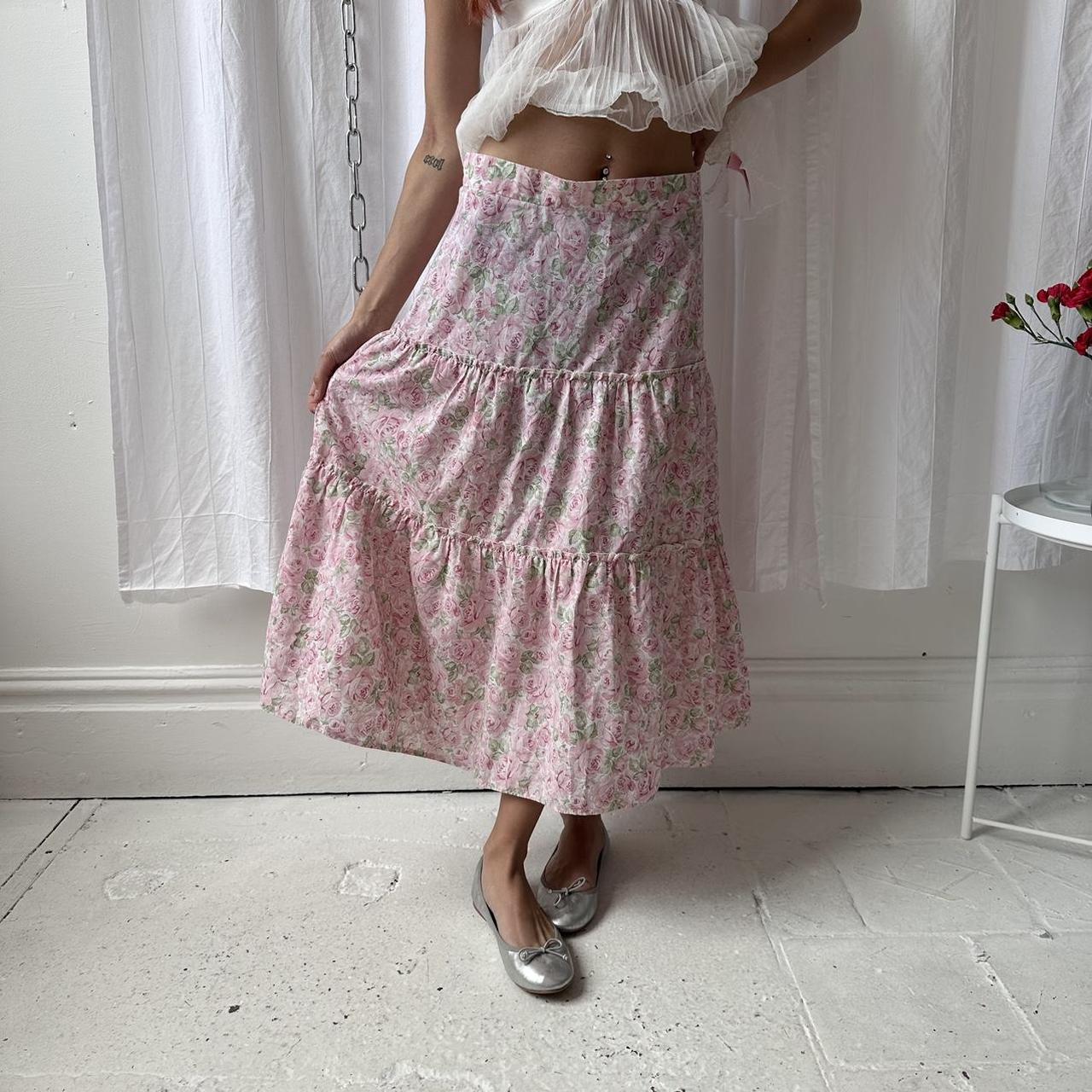 【COLOR iN ID】Rose unbalanced tiered skirt vintage white maxi tiered skirt, pink rose print all | Depop