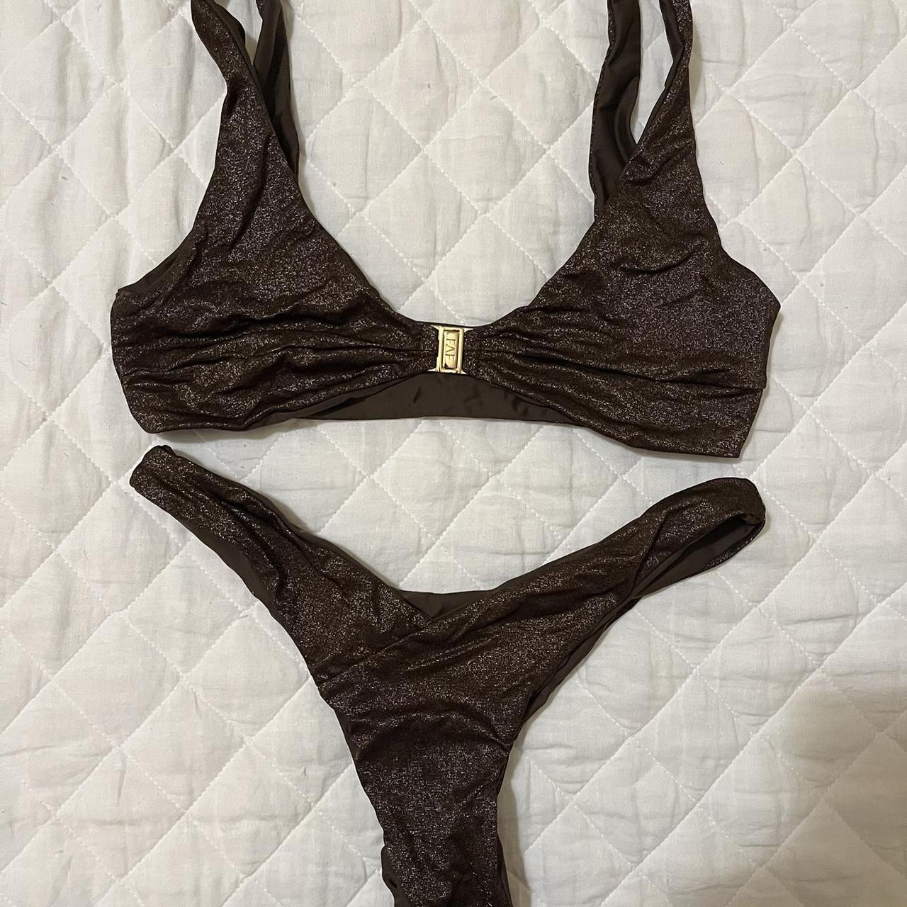 Fae swimwear sparkly brown front clip bikini top... Depop