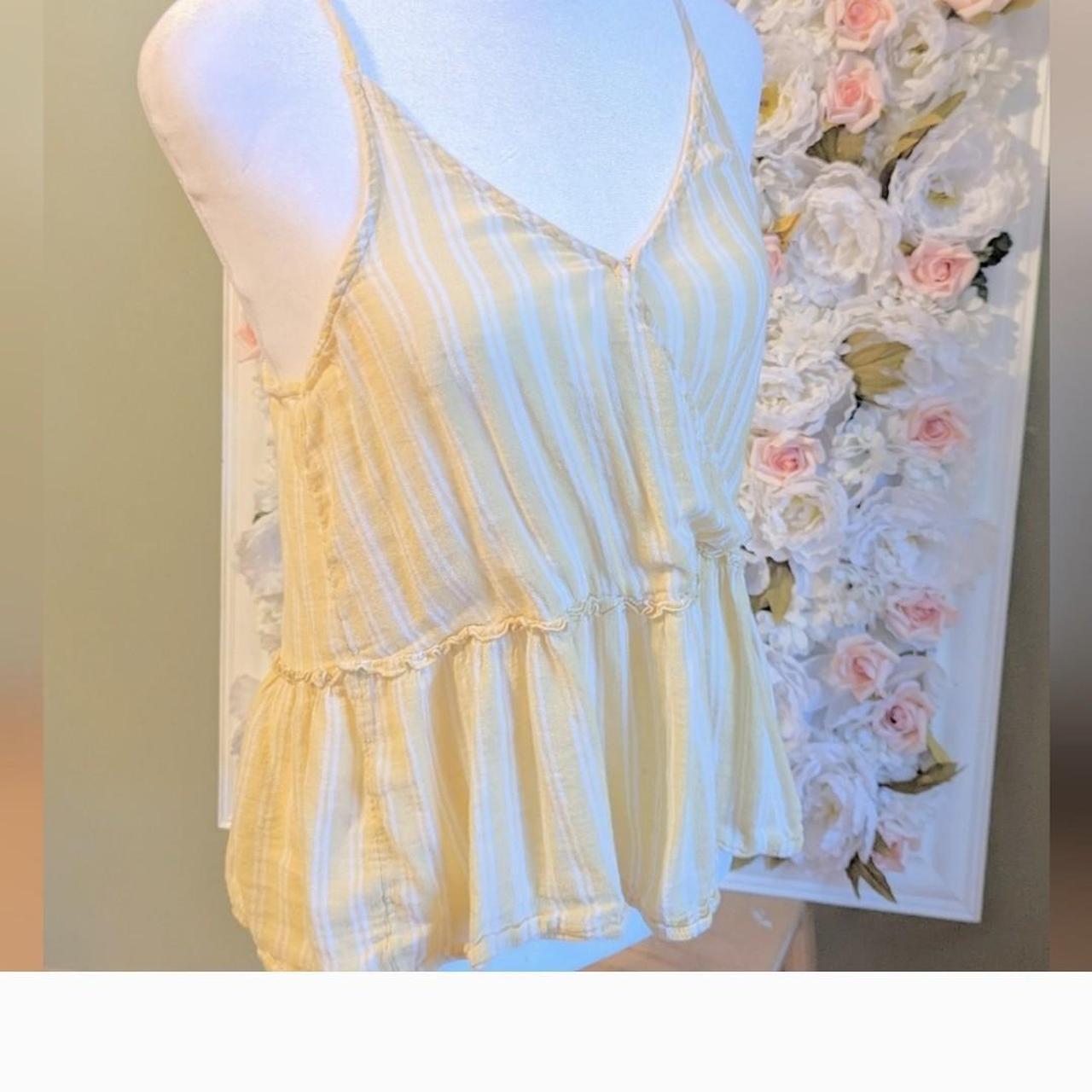 AE Yellow & White Striped Wrap Top with Ruffle... - Depop