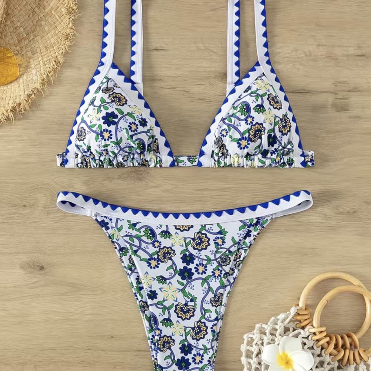 Blue Floral Print Whip Stitch 2 Piece Set Bikini,... - Depop