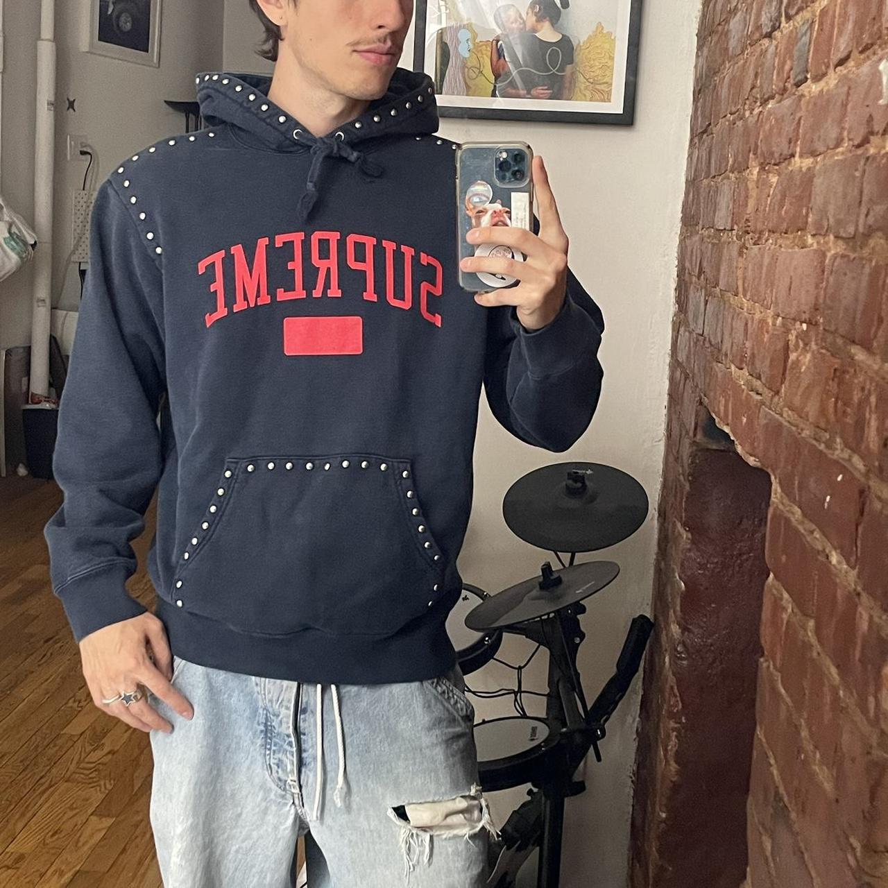 Navy Red Supreme FW18 Studded Collegiate Hooded... - Depop