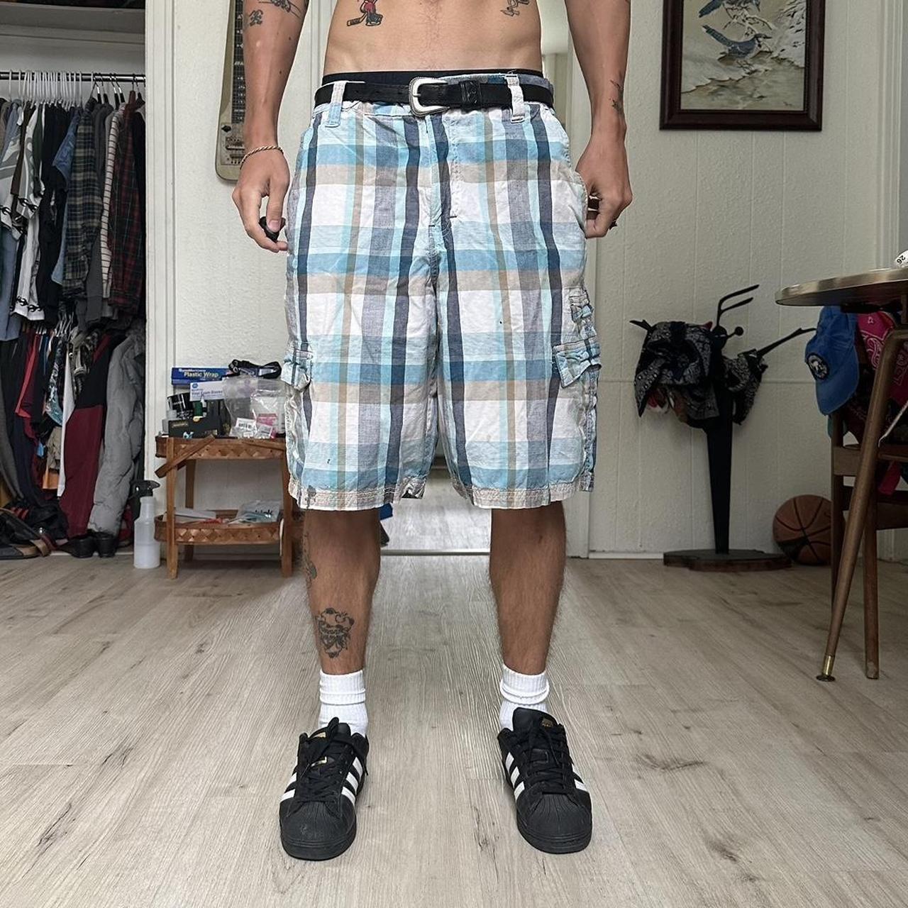 Baggy Plaid Shorts Vintage 00s Y2K Blue White Plaid Baggy Depop