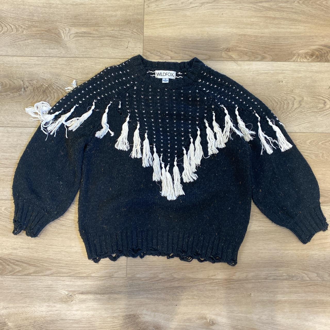 womens black and white knit Wild Fox jumper with... - Depop