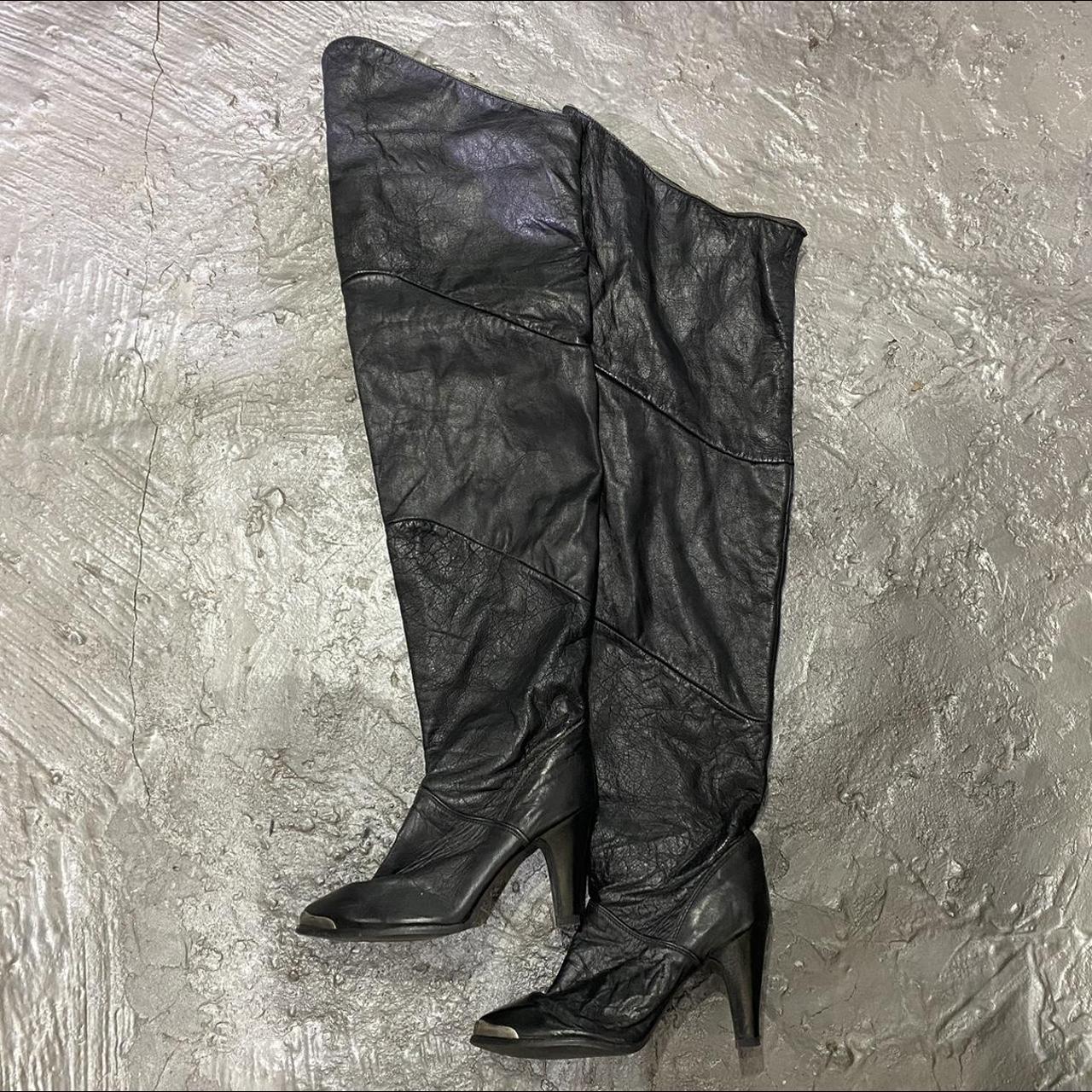 Vintage 1980s Zodiac Black Leather Thigh High Lace Up Pointed Toe high quality Biker Boot 6.5