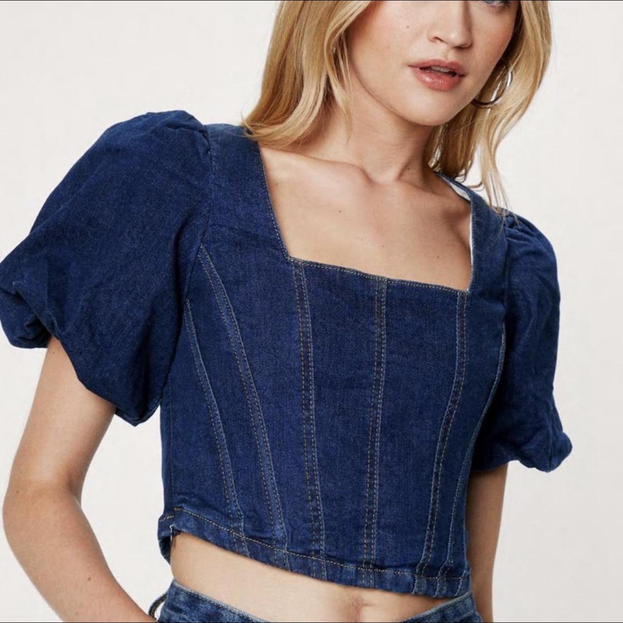 Nasty Gal Denim Puff Sleeve Corset Top -NWT - Depop