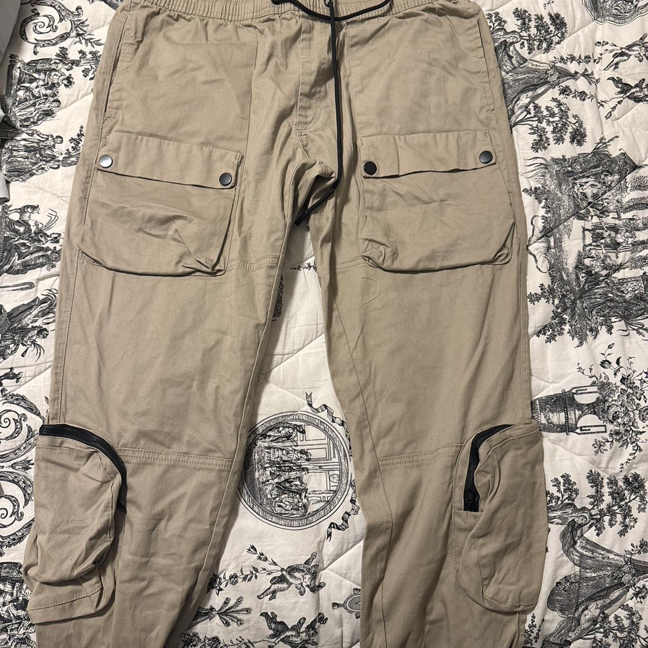 Tan cargo pants with drawstring waist and pockets | Depop