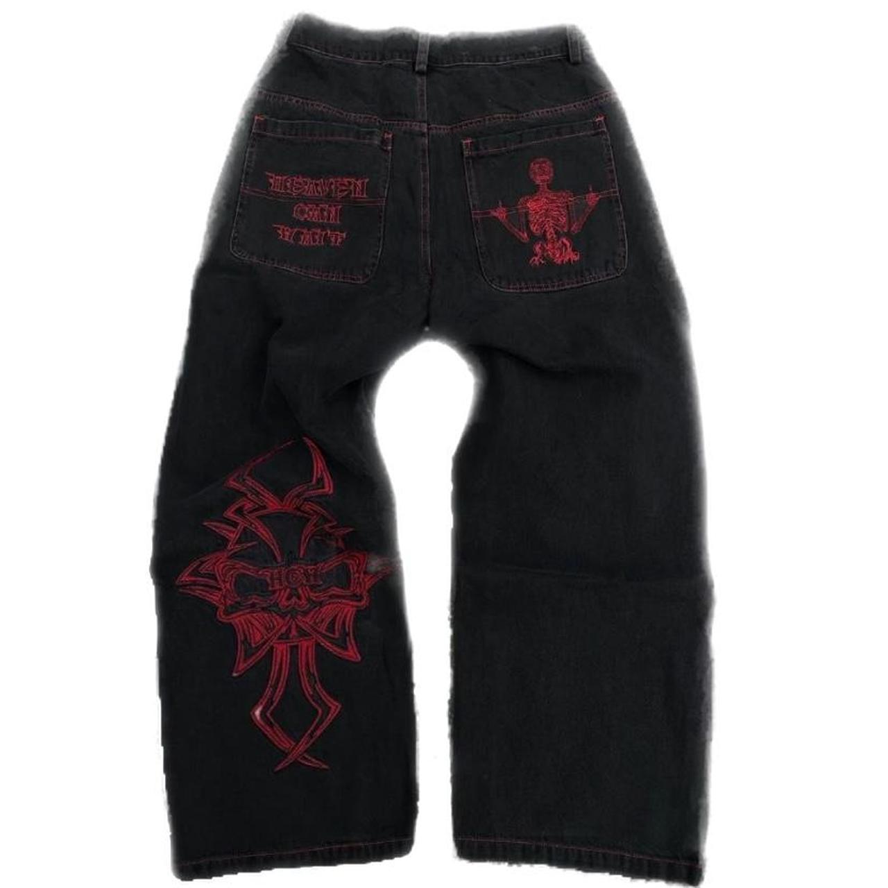 Y2K Jeans Mens Hip Hop Retro Skull Embroidery Baggy... - Depop