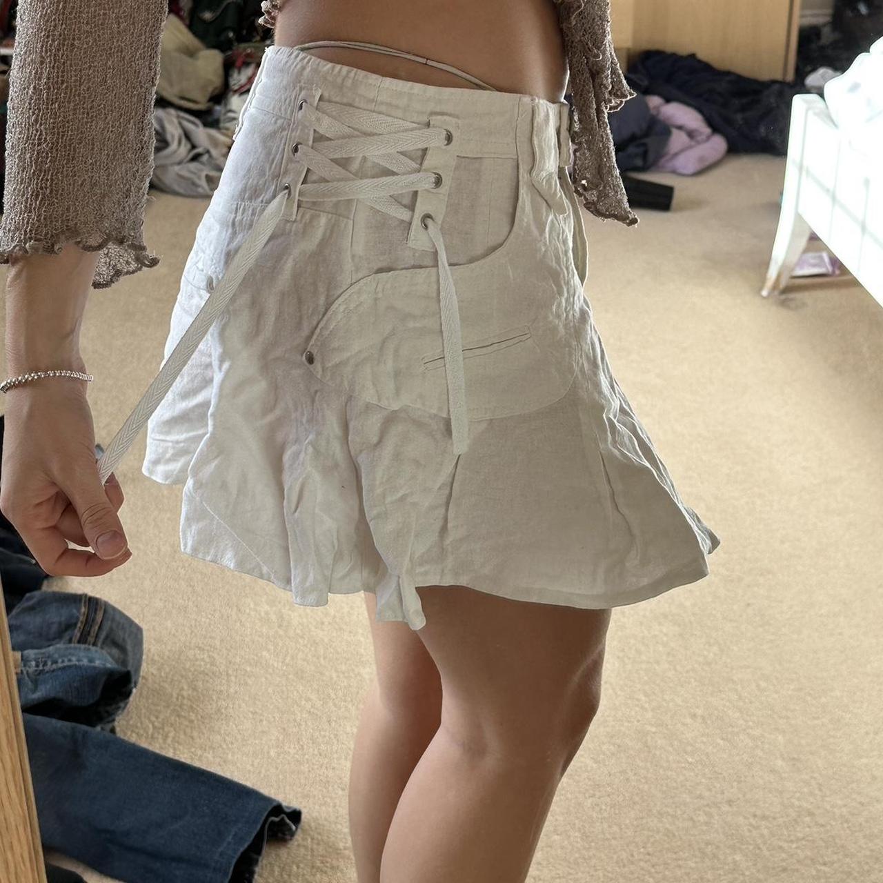 white utility cargo mini skirt, with lace up detail... - Depop