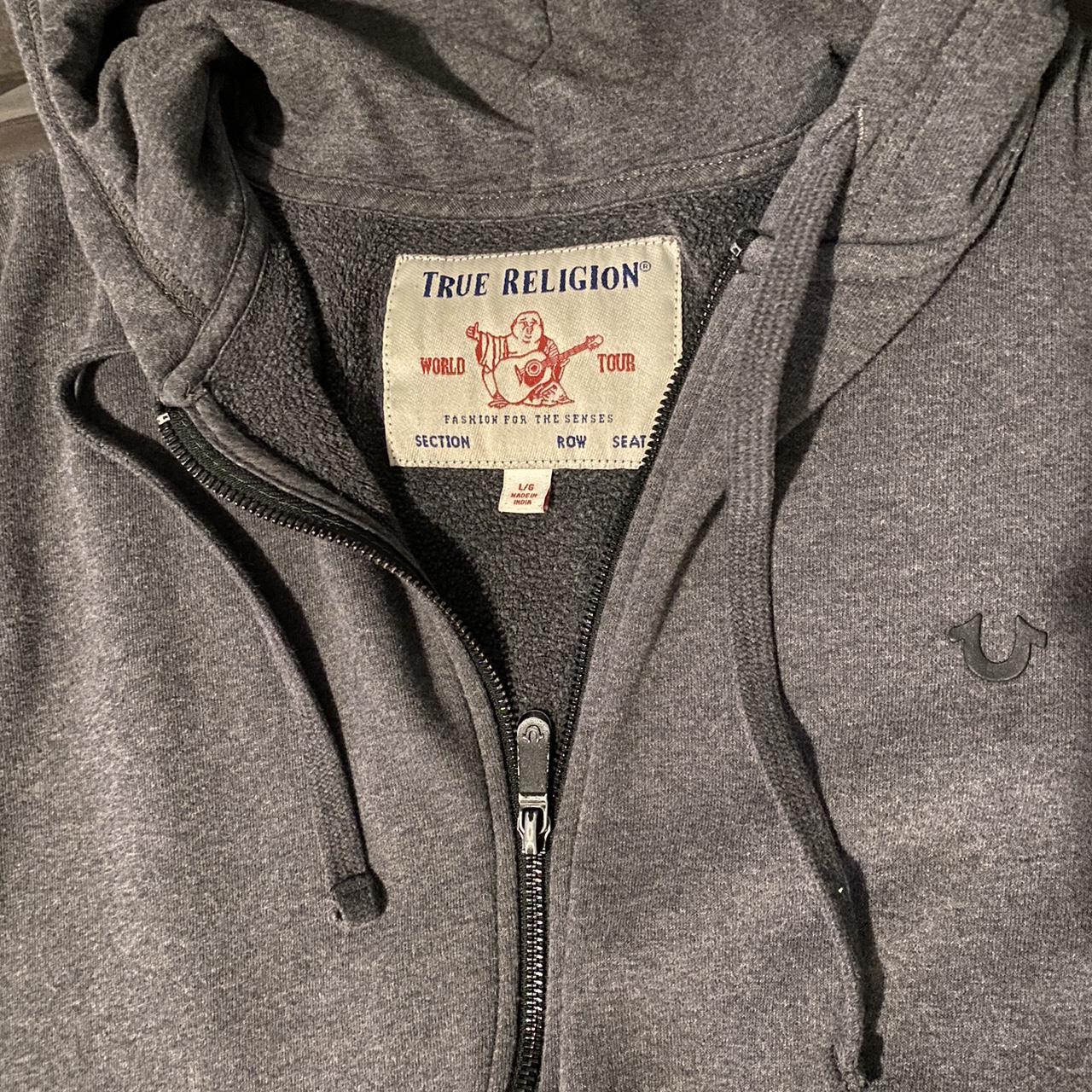 Vintage dark grey true religion hoodie still in good... - Depop