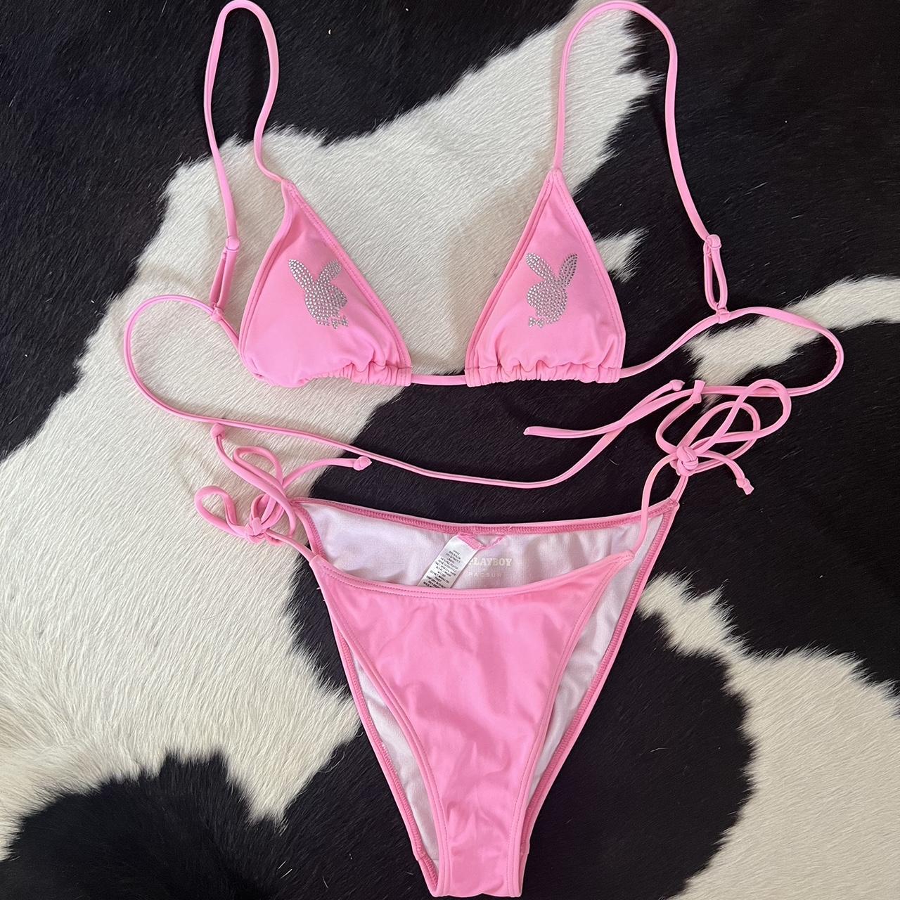 Small pink playboy bikini set with rhinestone... - Depop