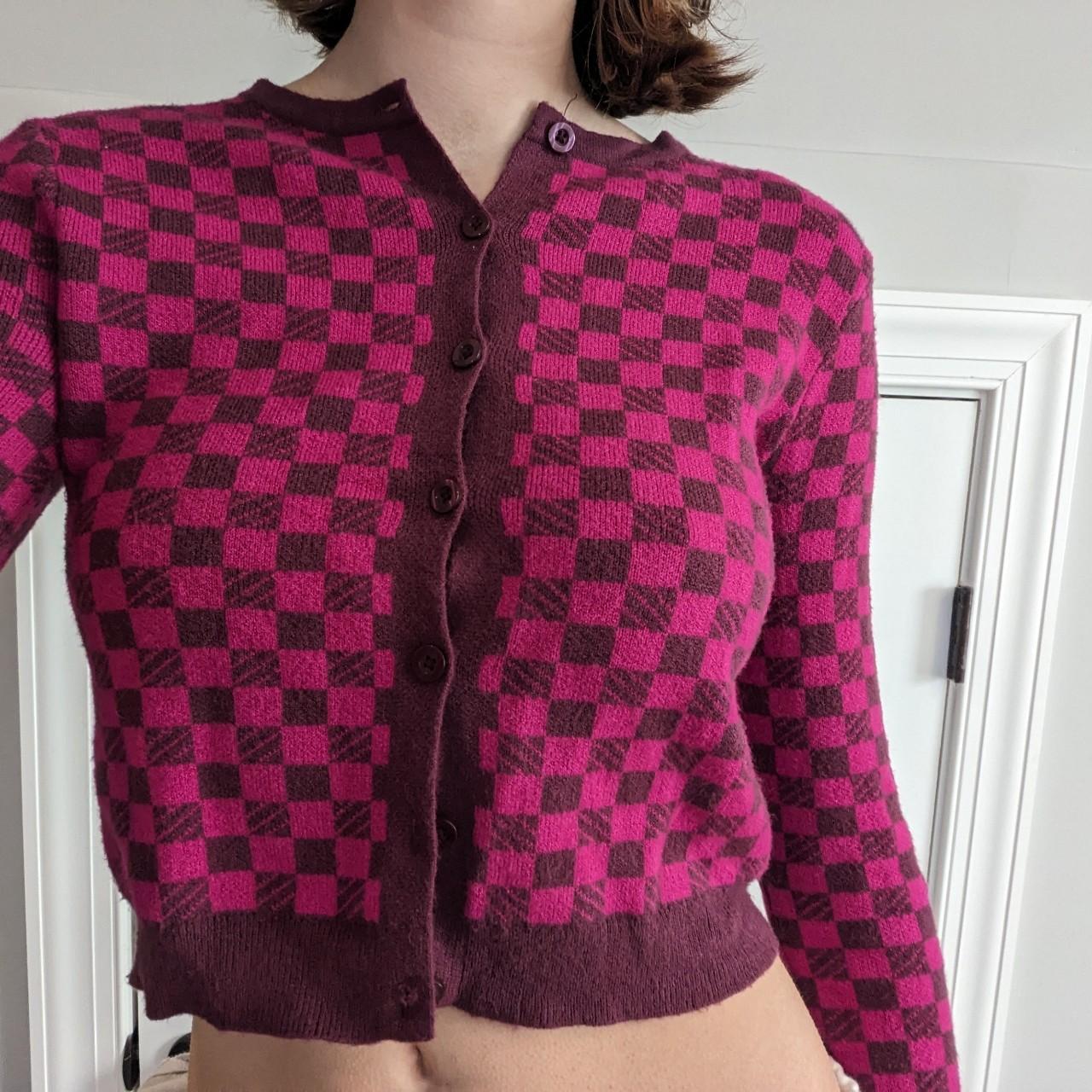 Magenta and brown checkerboard cropped sweater, Worn