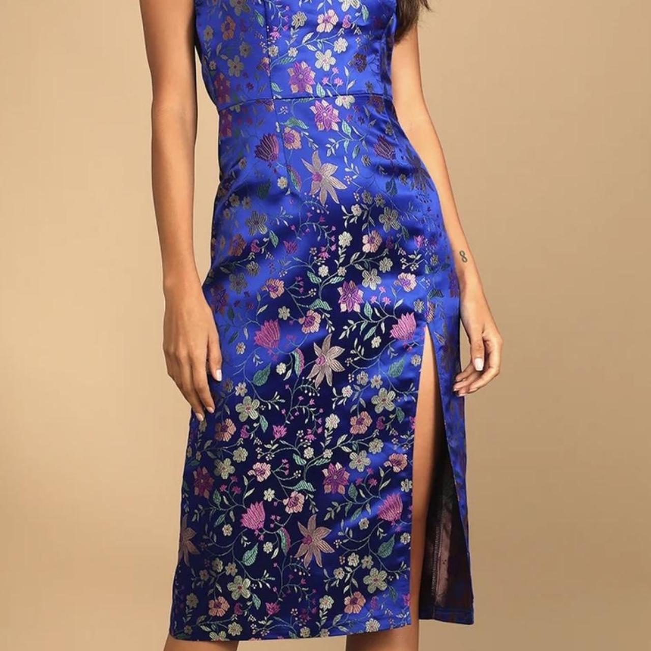 Make a Move Blue Floral Satin Jacquard Strapless Midi Dress