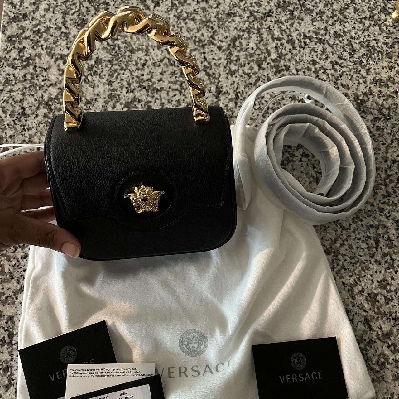 Versace deals Crossbody Black Bag Purse Handbag Gold Medusa Logo Chain Strap NEW