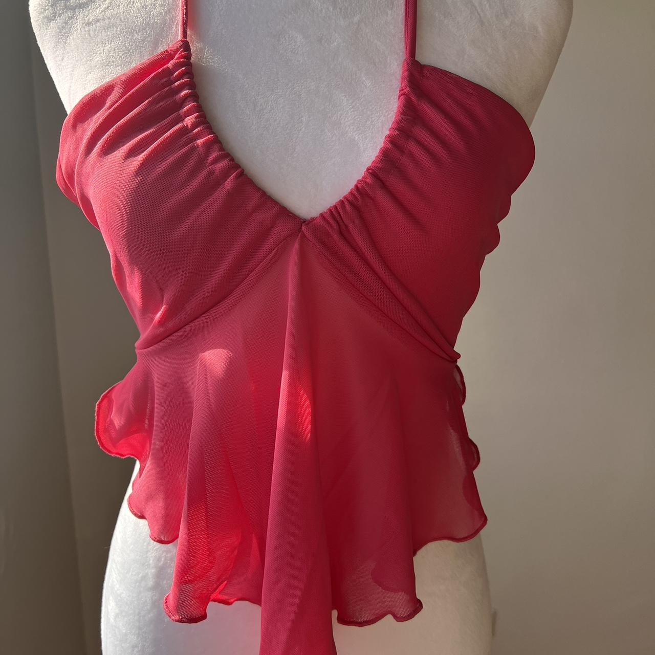 2000’s mesh pink top. Open V neck. Flowy. Ties at... - Depop