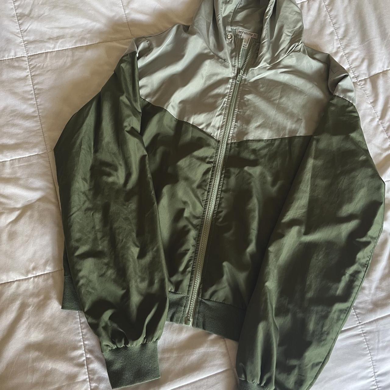 Green Two Toned Bomber Jacket With Hoodie And Pockets Depop   P0 