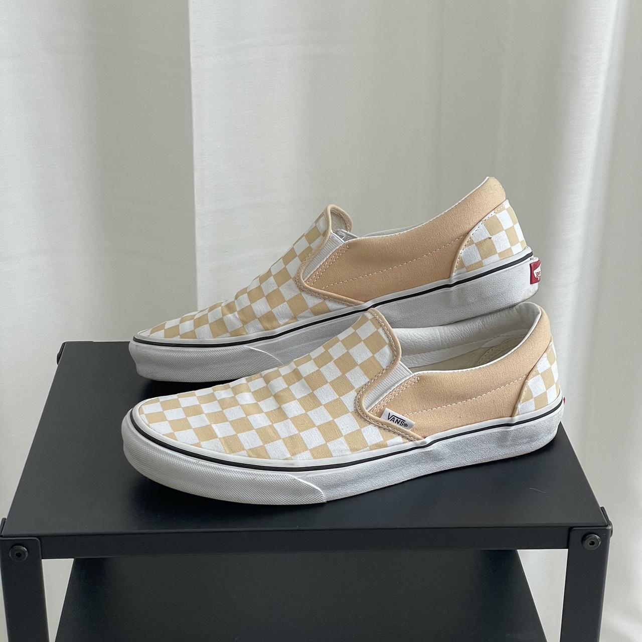 Tan checkerboard slip on vans online