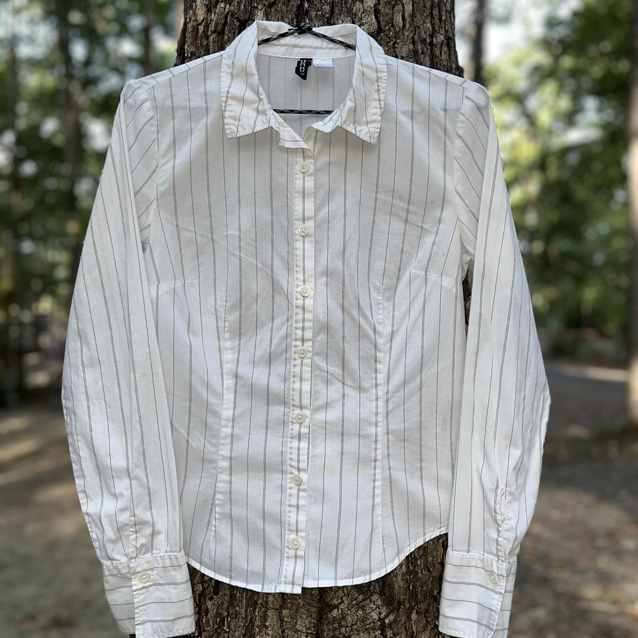 White Tan Striped Button Down DIVIDED