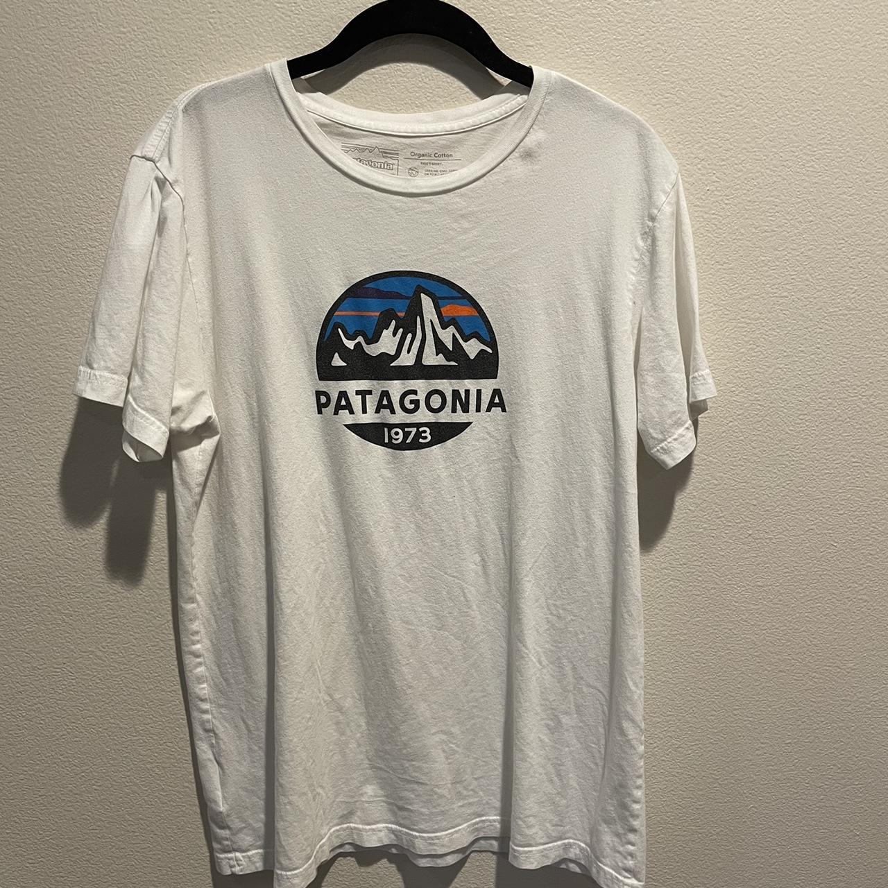 Patagonia Simple White Logo Tee Size M ‘Slim... - Depop