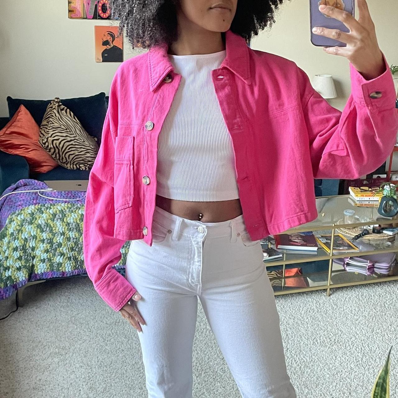 Hot pink cropped denim jacket best sale