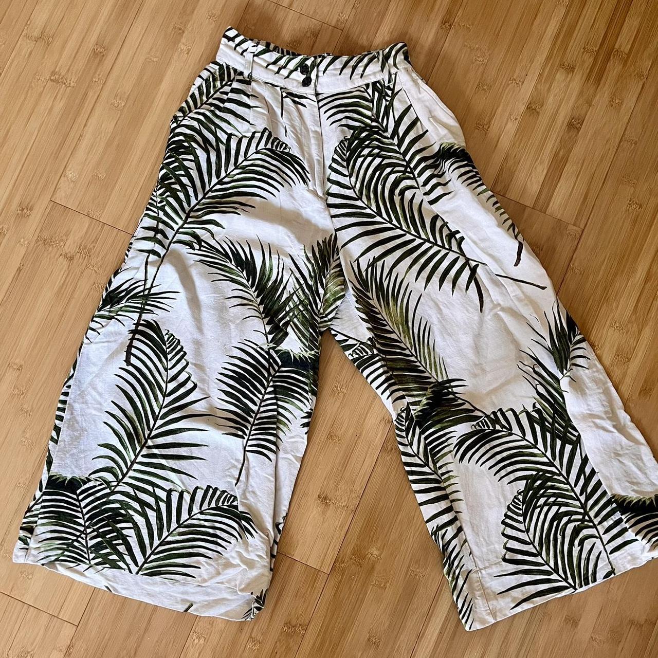 White and green tropical palm leaf print wide Depop