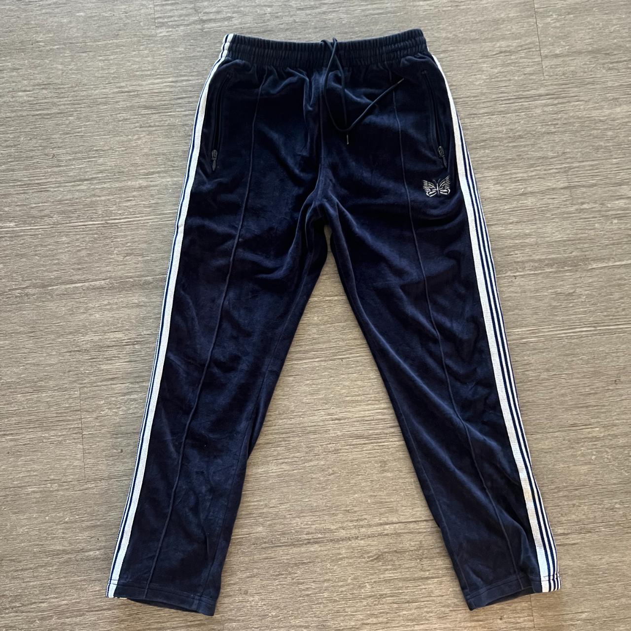 Needles Velour track pants Blue and silver Size... - Depop