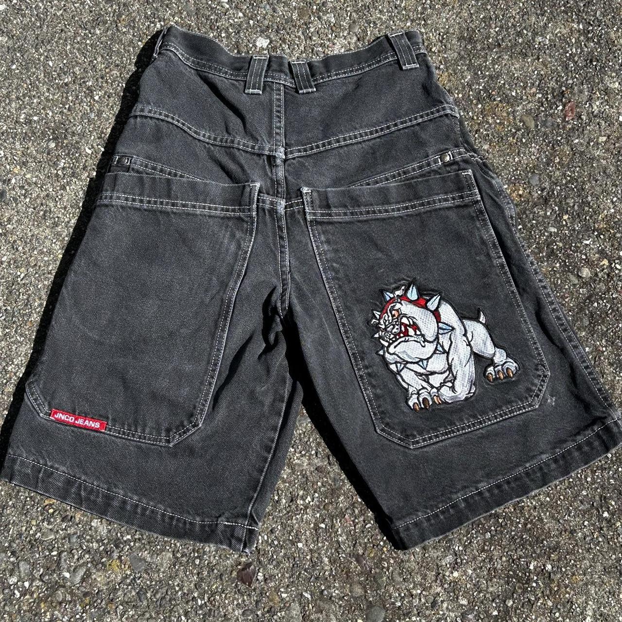 Black JNCO Jorts with bull dog on back I measured... - Depop