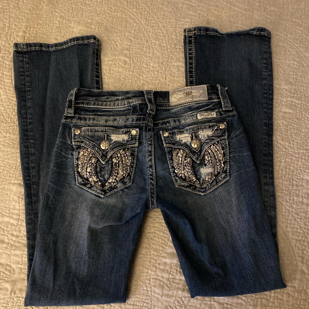 Miss Me Women's Southwestern Feather Boot Jeans - Embellished Pockets With Rhinestones