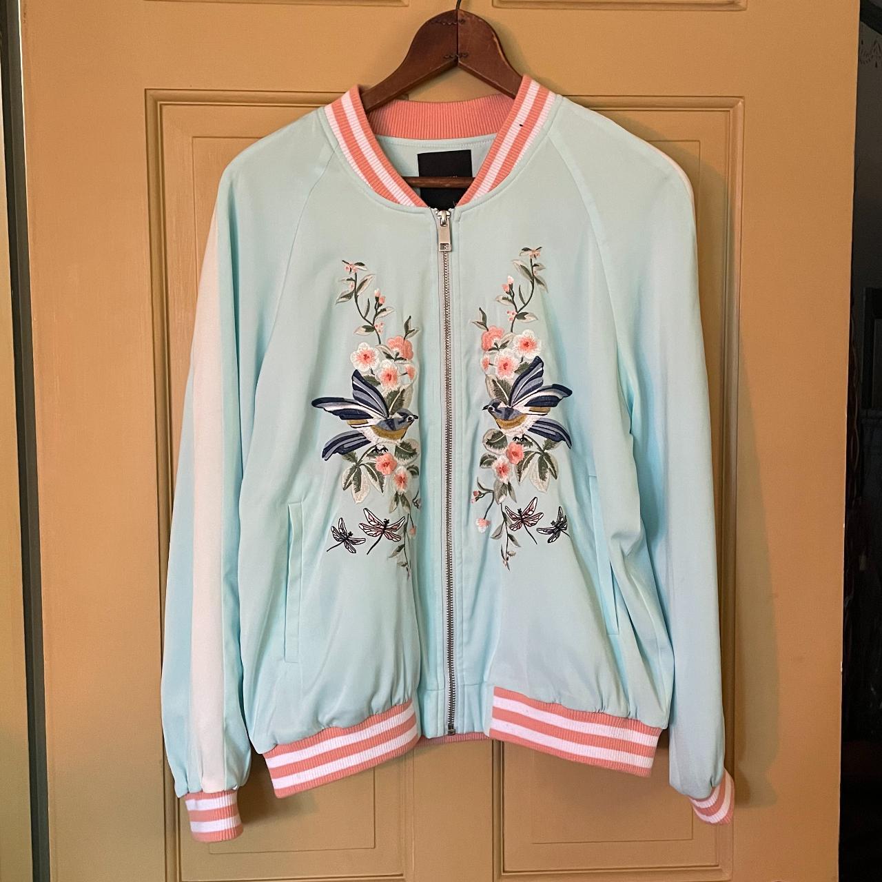 Forever 21 pale blue bomber jacket with pink