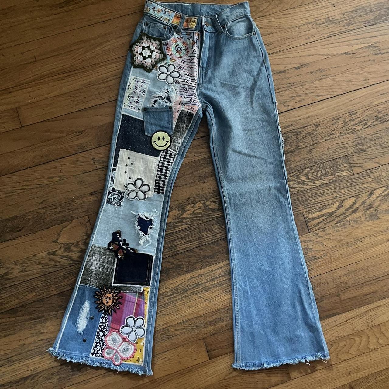 Beautiful Rose Design Patchwork Denim Jeans by - Depop