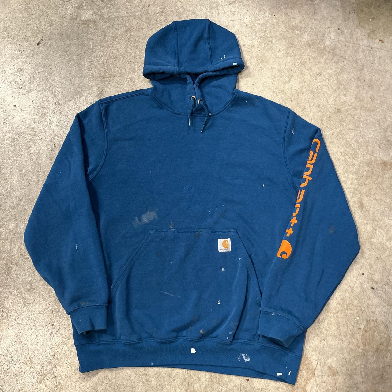 Blue Carhartt hoodie orange accents on sleeve Size... - Depop