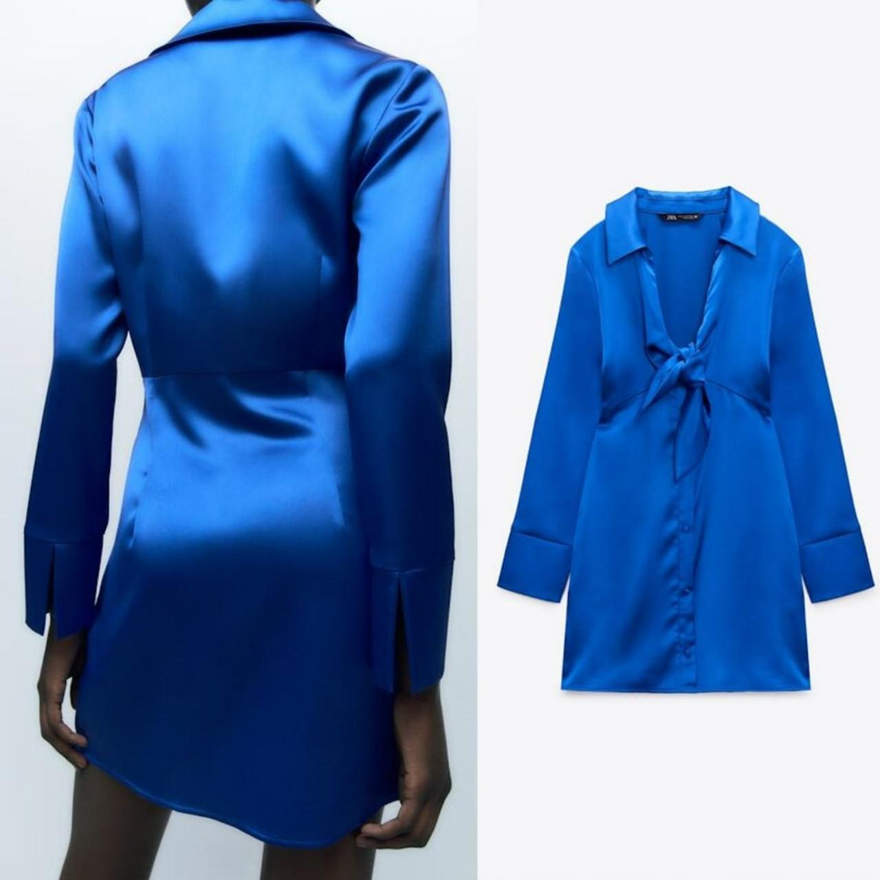 NWT New Zara Cobalt Blue Satin Front Tie Long Depop