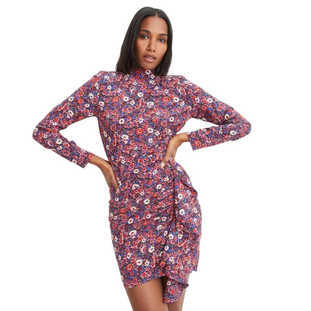 High neck fashion floral dress long sleeve