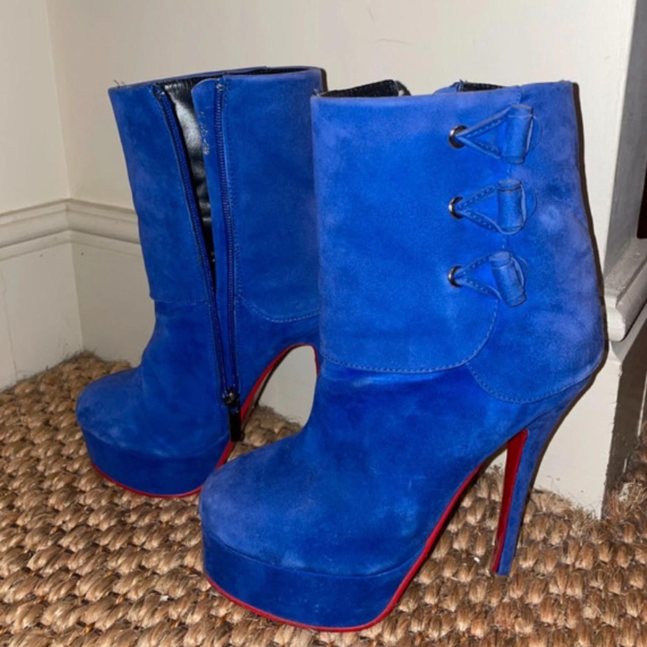 Blue suede platform heels, red bototms size 37, UK... - Depop