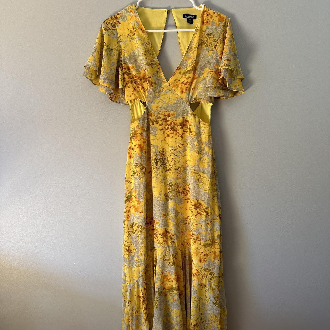 BOHO maxi dress yellow gold gray flower print... - Depop