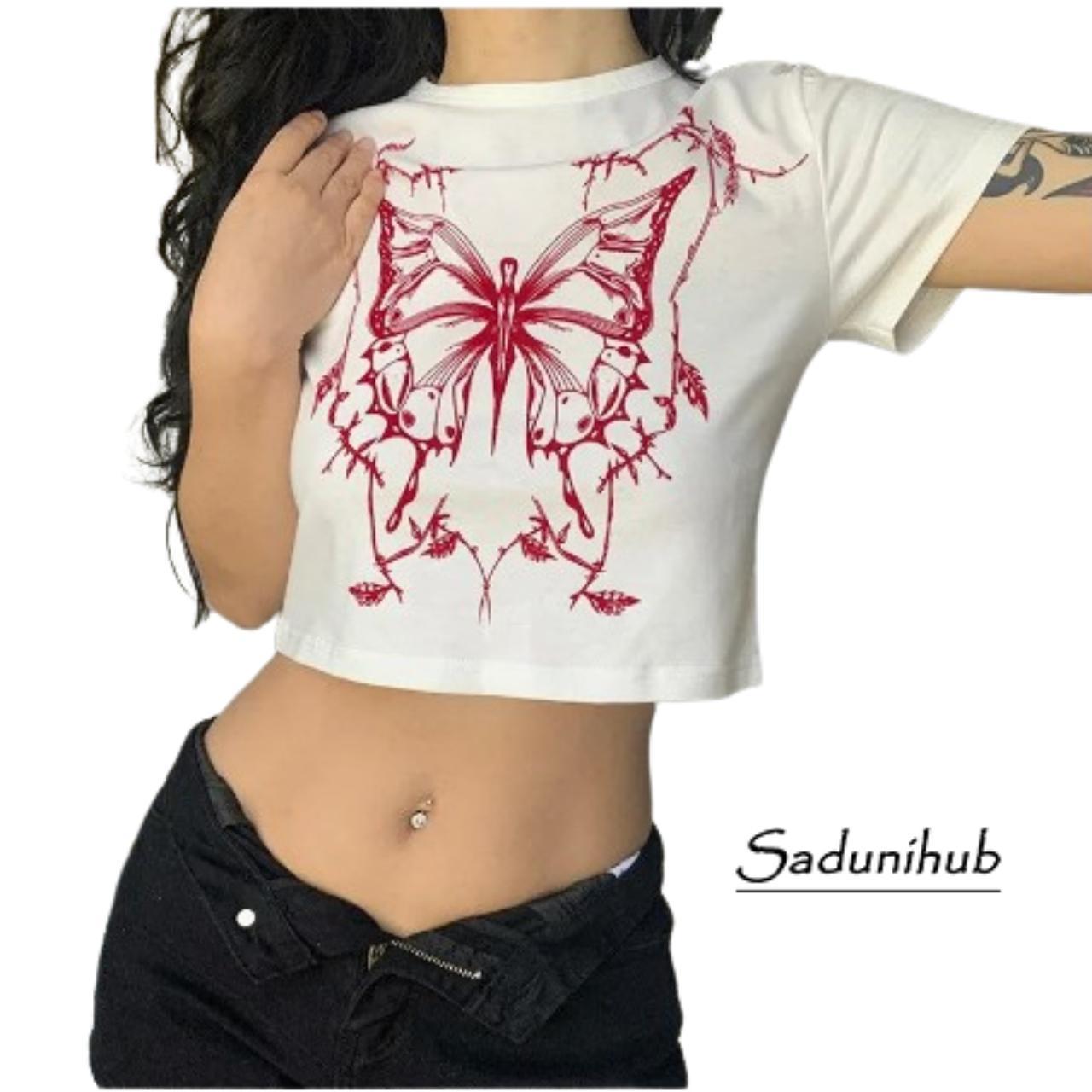 Butterfly Print Short Sleeve O-Neck Fitted Crop Top... - Depop
