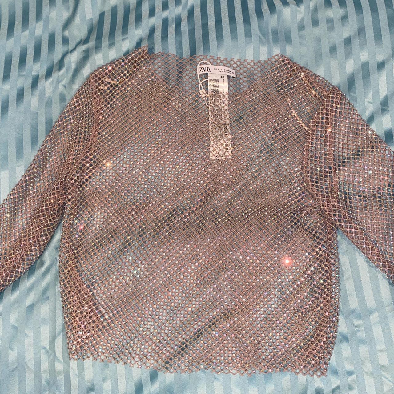 ZARA 2023 Crystal Silver Rhinestone Mesh Shiny CROP... Depop