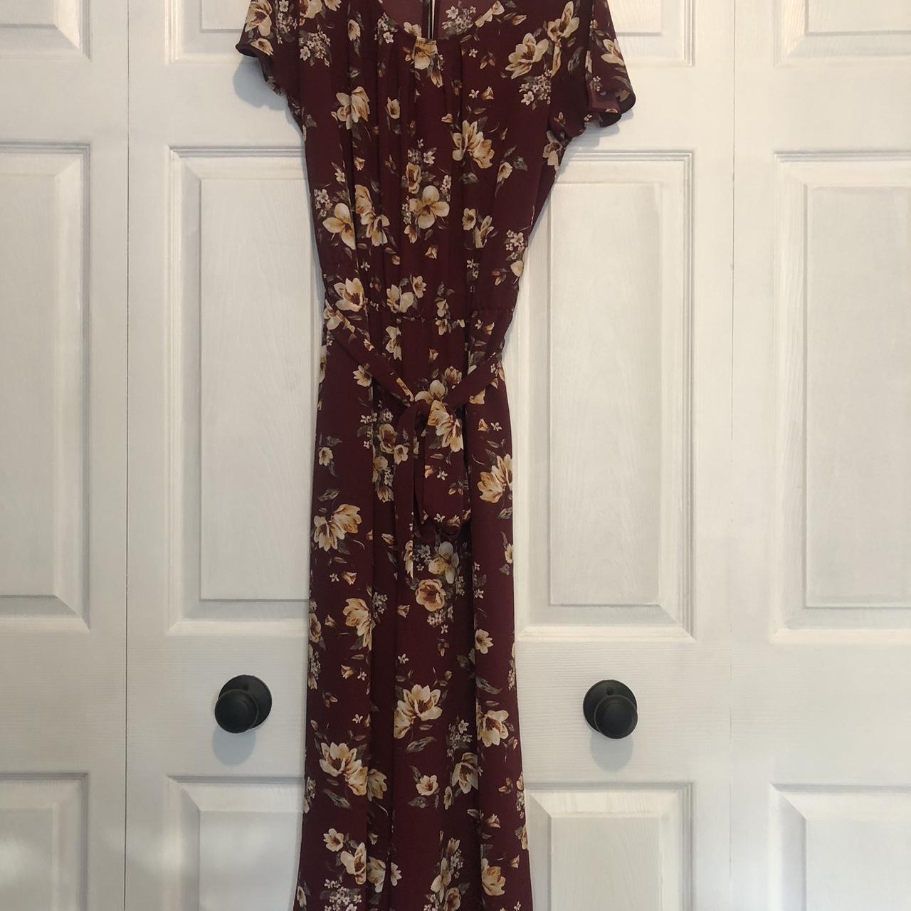 Large Apt. 9 Jumpsuit, Burgundy With Tan Flowers - Depop