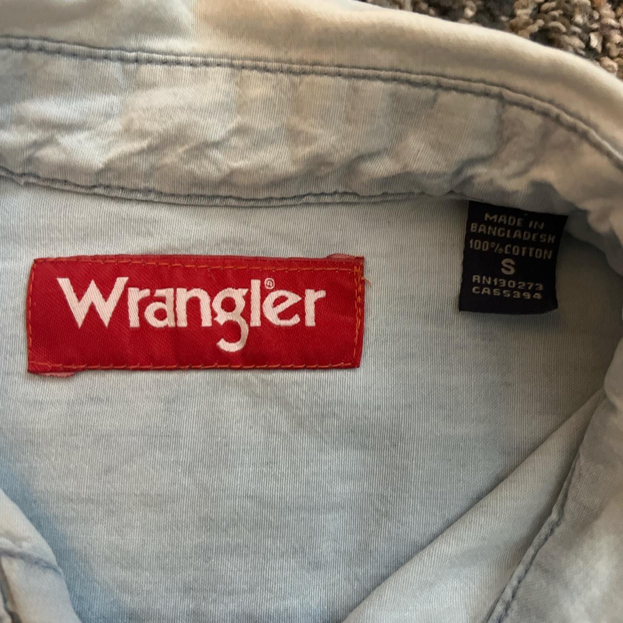 -wrangler button up denim polo shirt faded light... - Depop