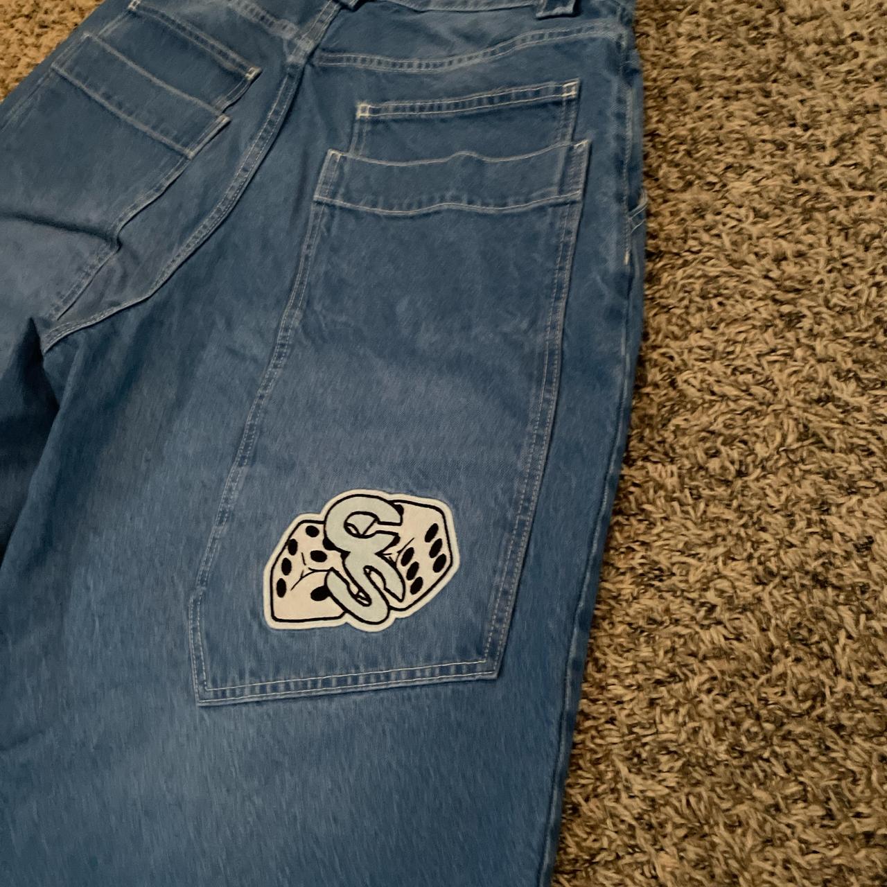 crazy jnco like embroidered jeans huge pockets with... - Depop