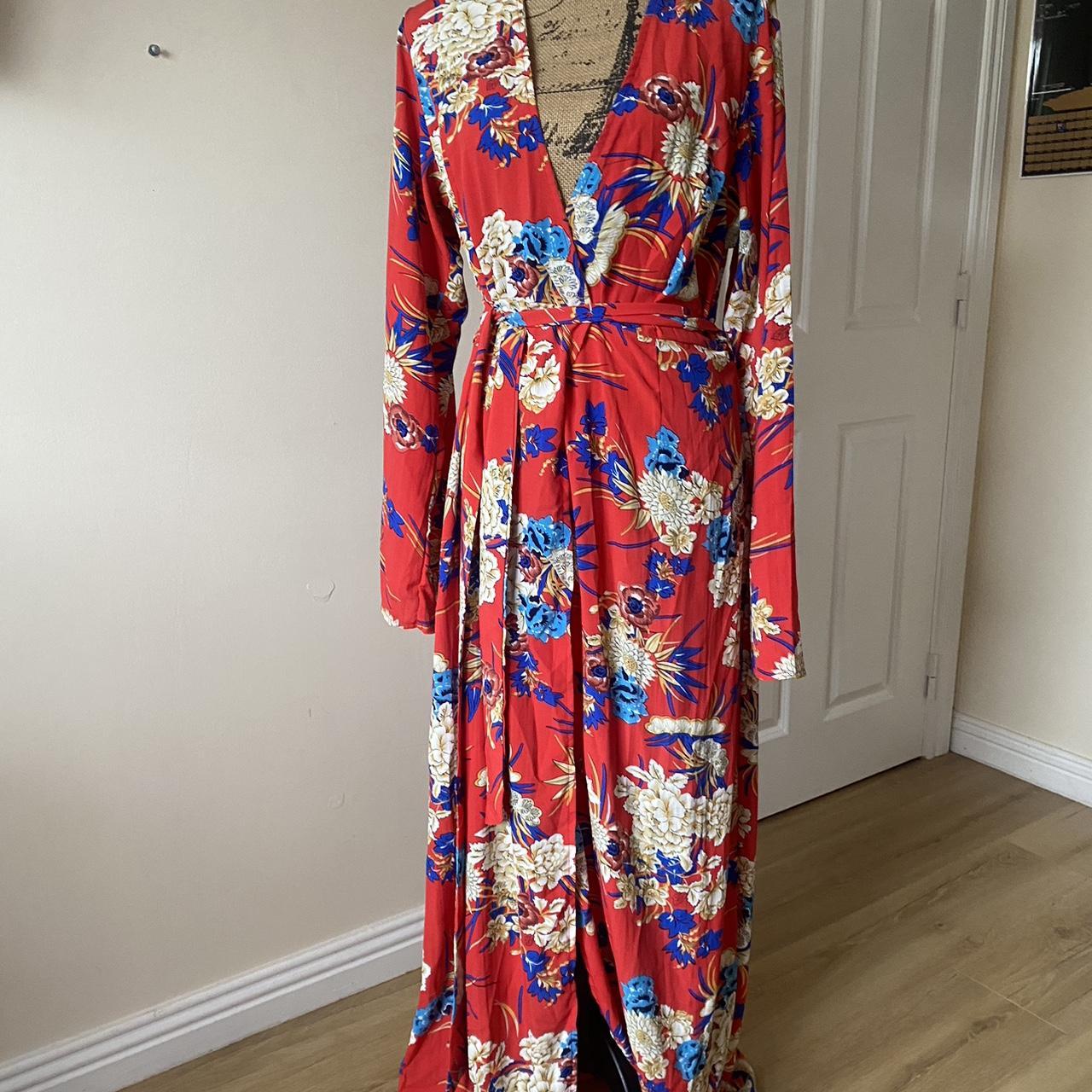 Pretty little thing red floral full length dress.... - Depop