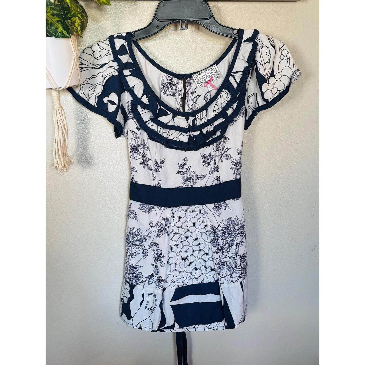 Bracha women's preloved designer navy and white chic coquette cottage blouse