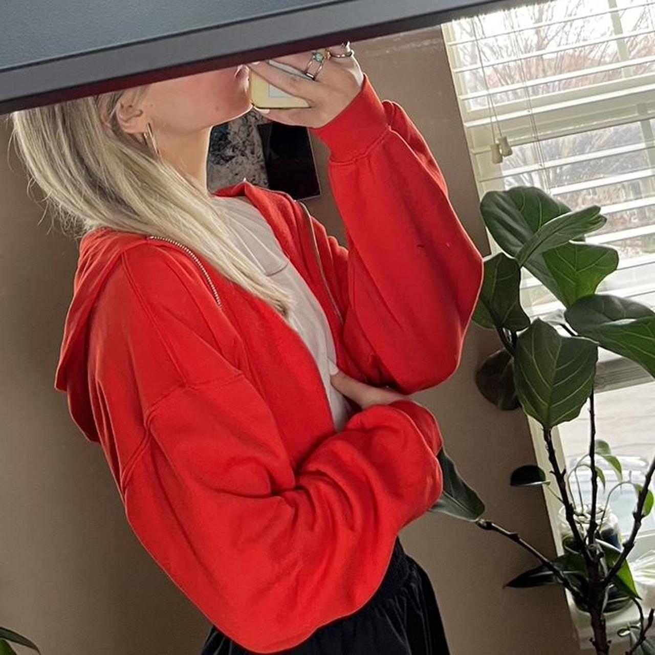 Red cropped zip up hoodie Size M Barely worn, so soft - Depop