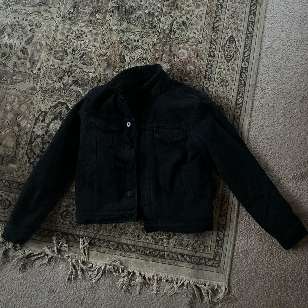 black denim jacket, fur inside Depop