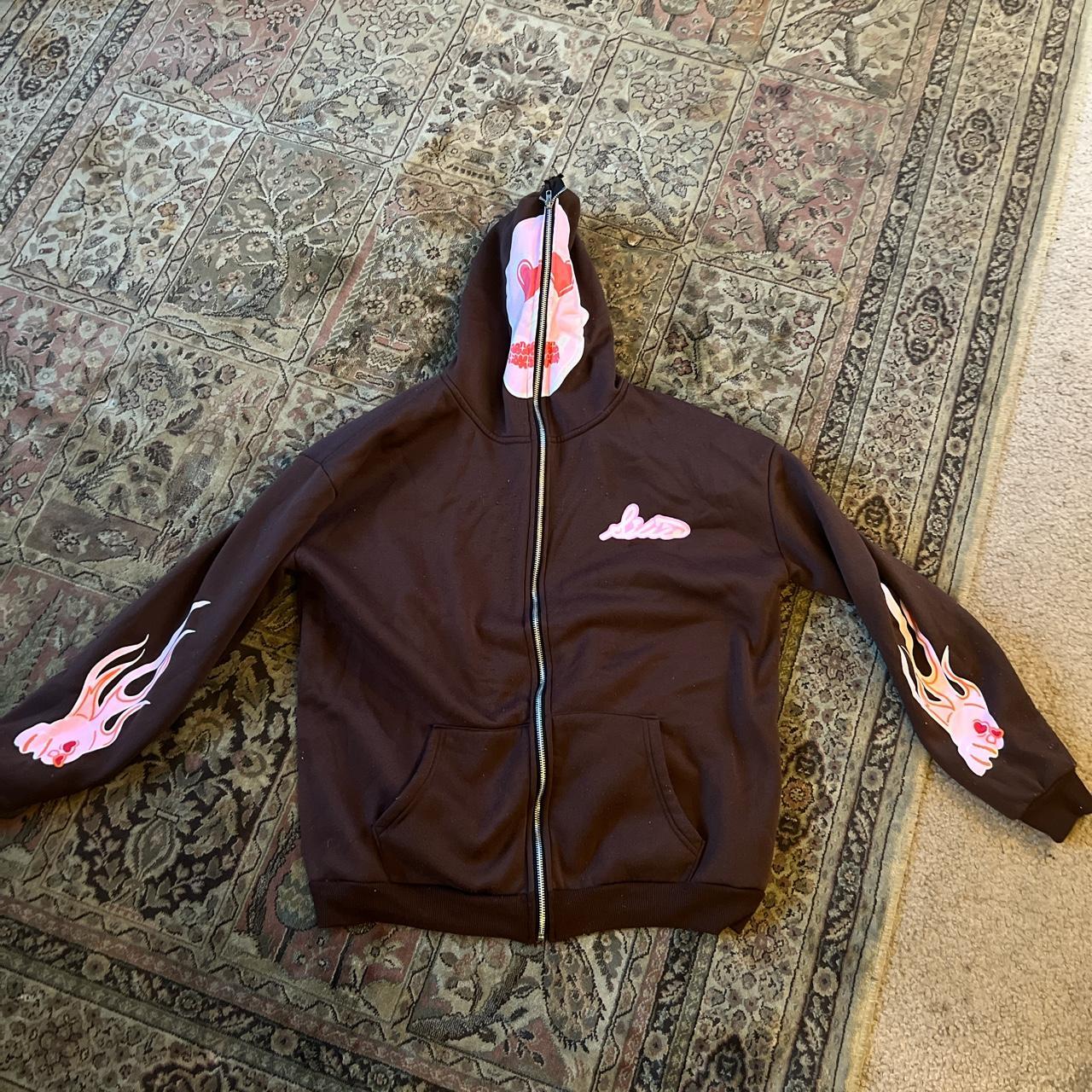 brown full zip up hoodie with pink skull fire design - Depop