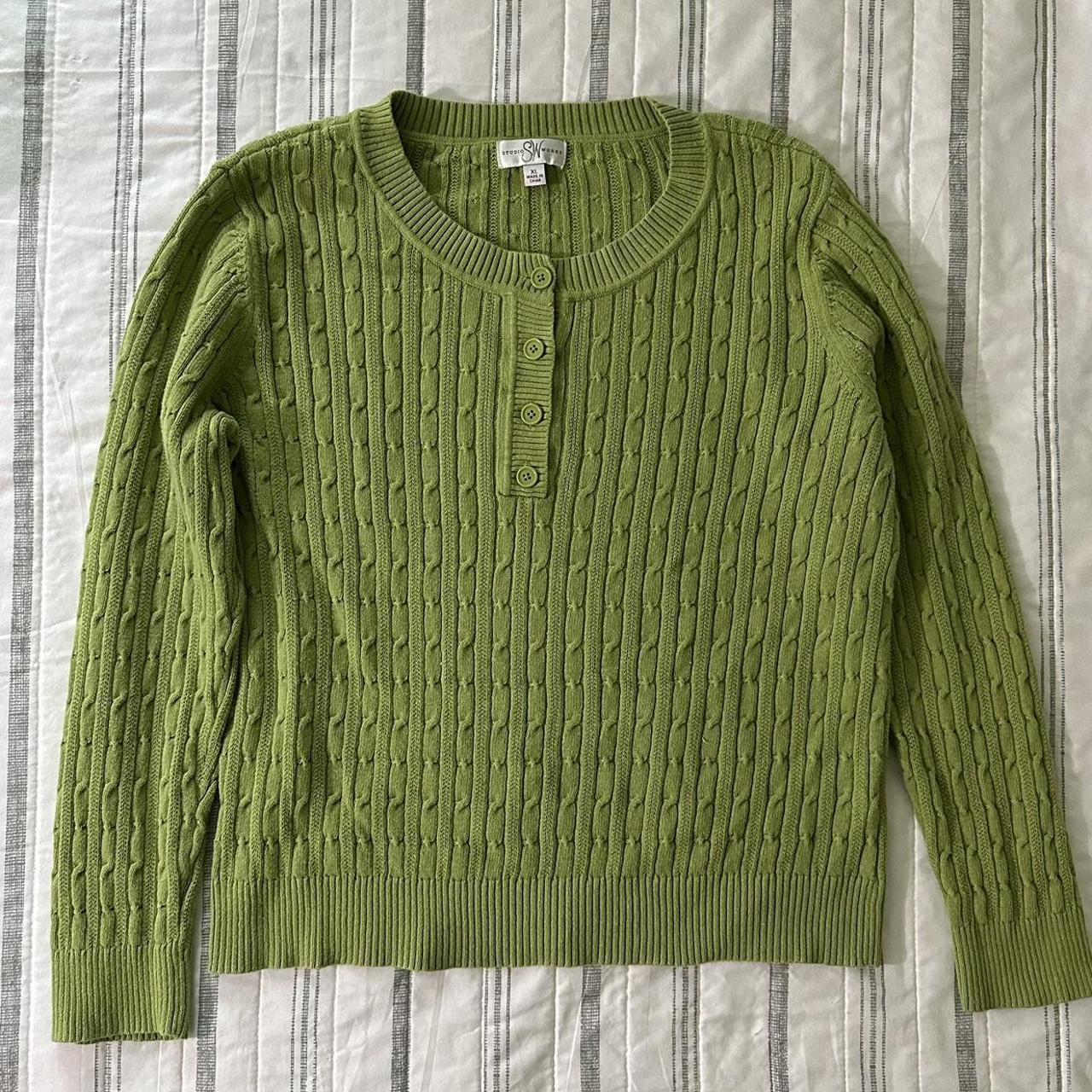 vintage y2k cable knit henley sweater matcha green... - Depop