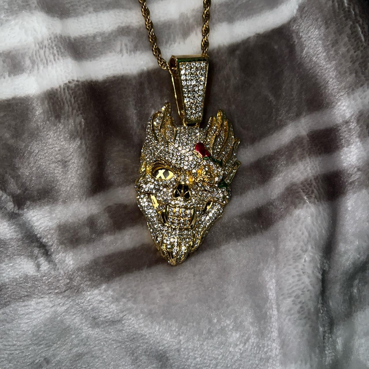 iced out gold rose skull pendant w 22” gold rope... - Depop