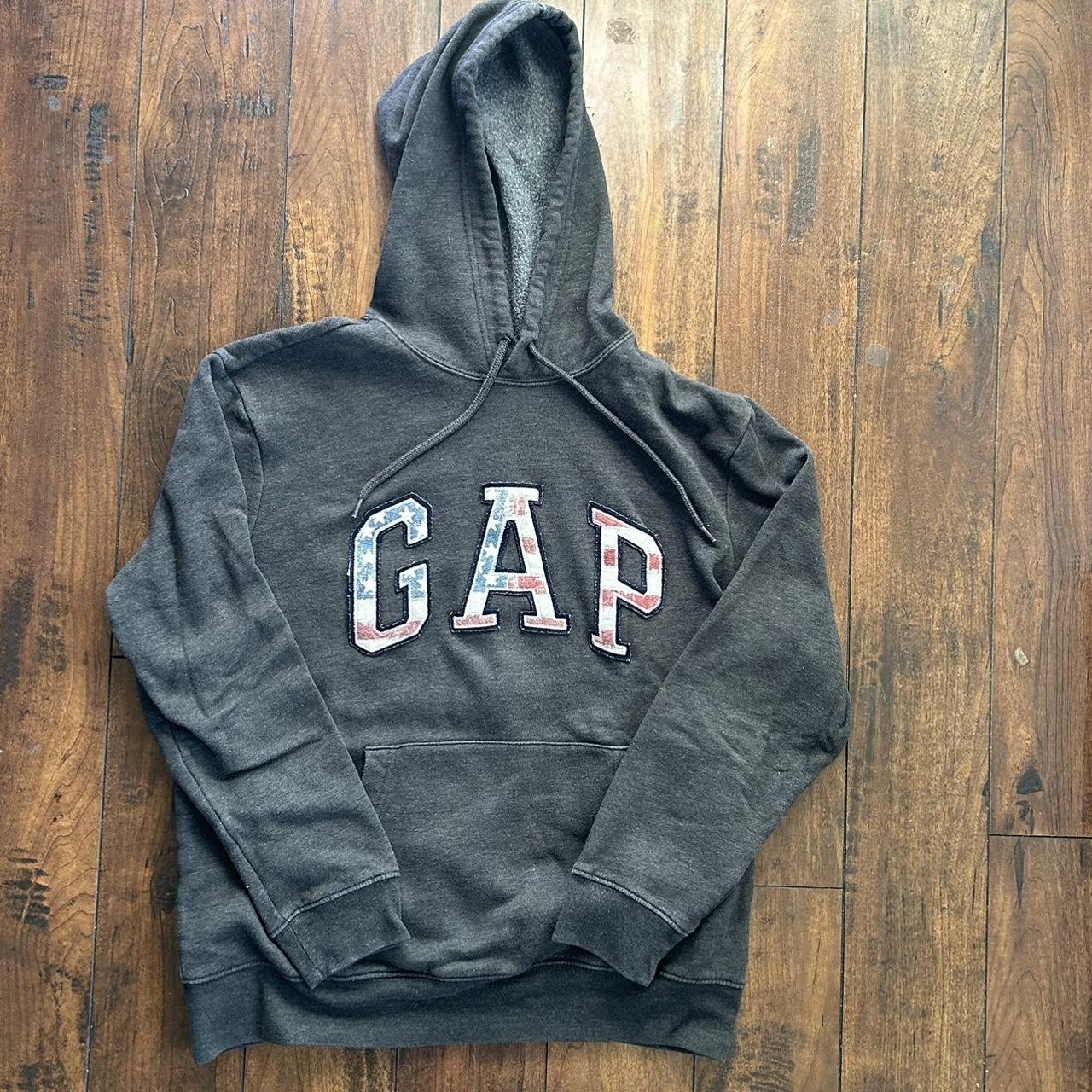 Vintage Style Gap US Flag Embroidered Hoodie Dark Depop